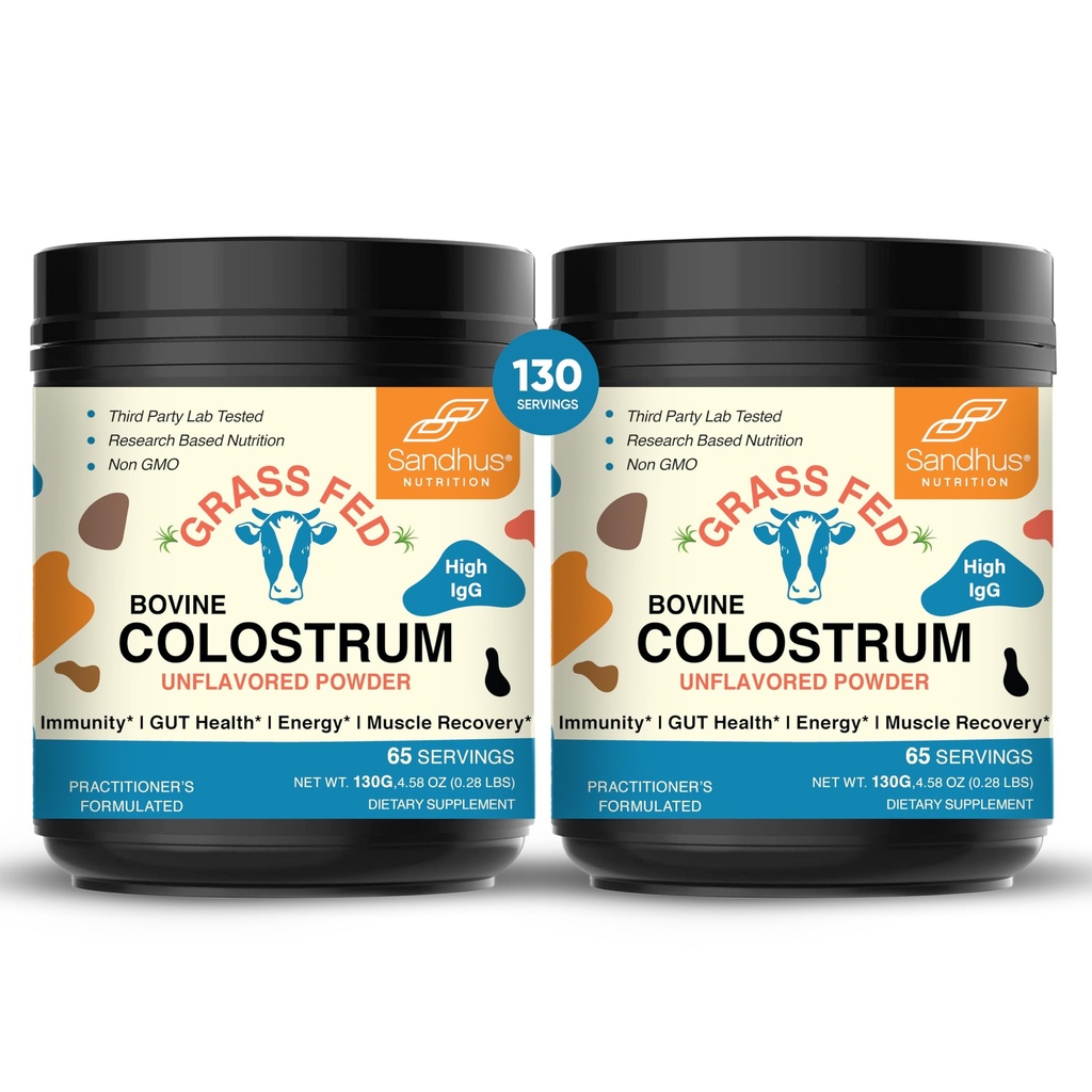 Sandhu's Grass Fed Bovine Colostrum Toz for Humans, Yetişkinler | 65 Hizmetler (Pack of 2) İnekler Tamam | Gut Health | Immunity & Muscle Recovery Support | Unflavored | for Men & Women