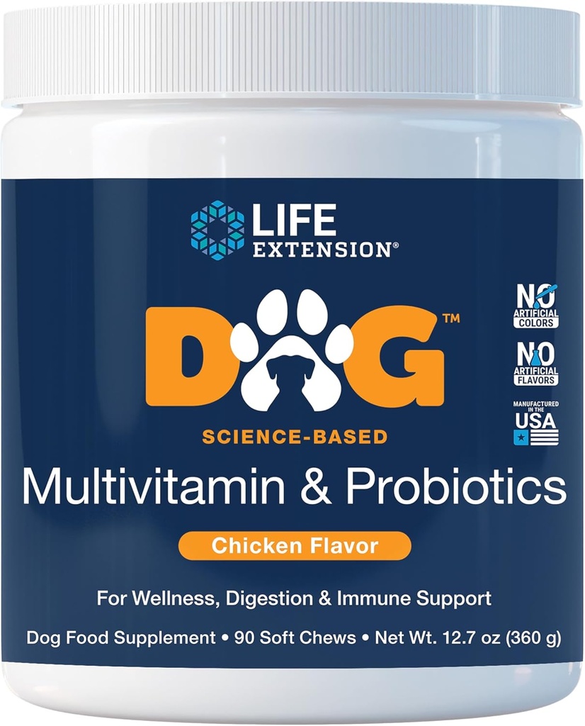 Life Extension Dog Multivitamin & Probiotics - Συμπλήρωμα διατροφής για τη συνολική υγεία, την πέψη και την ανοσοποιητική υποστήριξη - Βιταμίνες, προβιοτική ανάμειξη, πρωτόγαλα (Bovine) - 90 μαλακά μάσημα