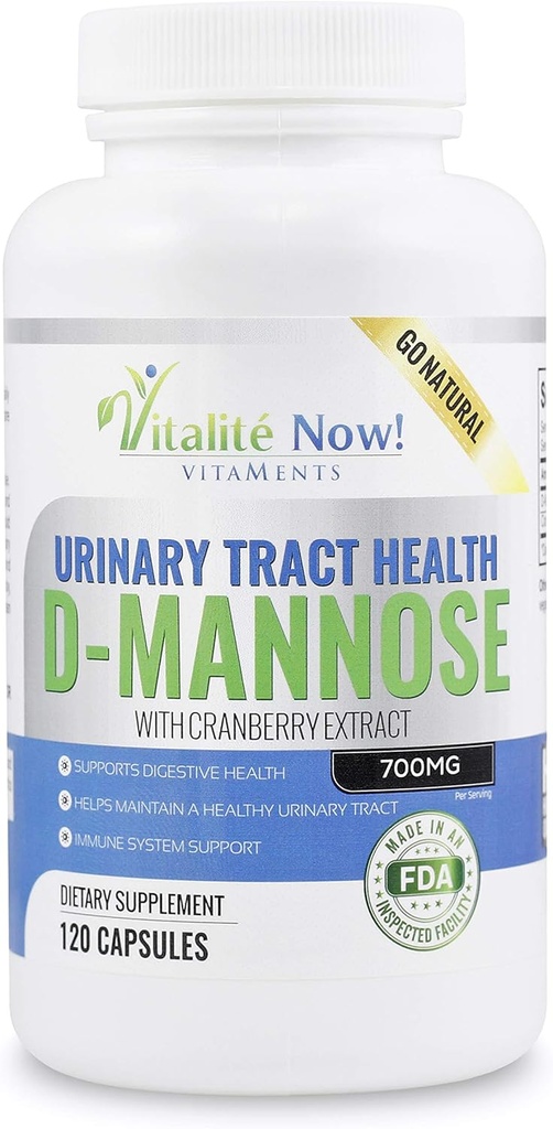 Doğal Urinary Tract Enfeksiyonları ve UTI Desteği için Cranberry Extract ile Yüksek Kuvvetli Saf D-Mannose – Digestive Health - Immune System Support - 700 mg - Non-GMO - 120 Pills