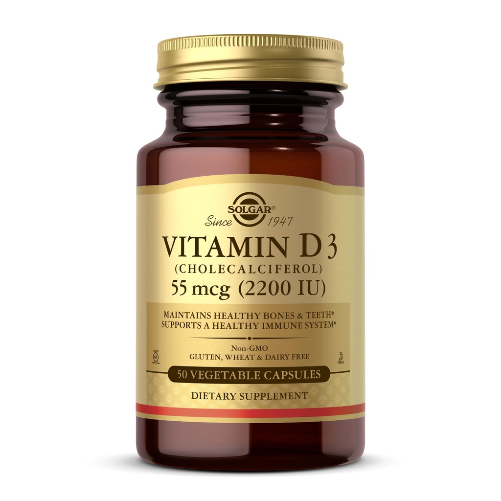 Solgar Vitamin D3 (Cloncalciferol) 55 mcg (2200 IU), 50 Sebze Kapsülleri - Sağlıklı Kemikleri ve Dişleri Korumaya Yardımcı - Immune System Support - Non-GMO, Gluten Free, Dairy Free, Kosher - 50 Hizmet