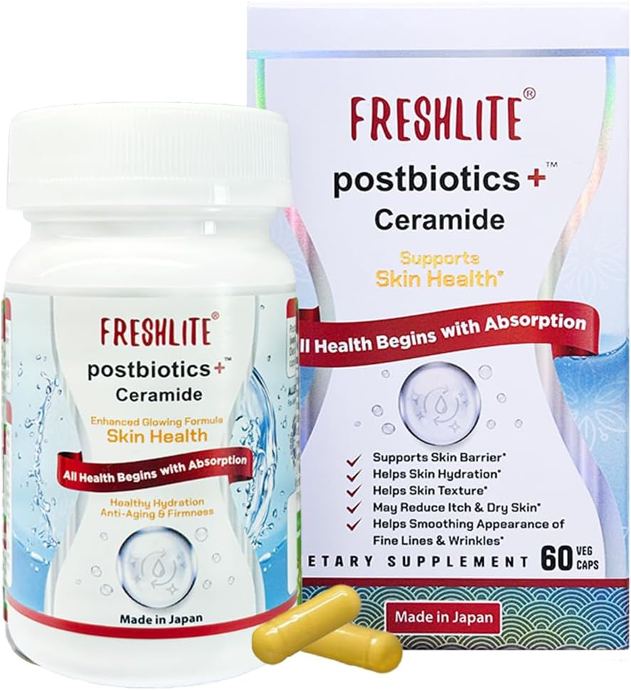 FRESHLITE Japon Clear Skin Ceramid Supplement – Plant-Based Ceramid & Postbiyotiks for Hydration, Engels & Elasticity - Acne & Irritation - Non-GMO, Gluten-Free, 60 Vegan Capsules