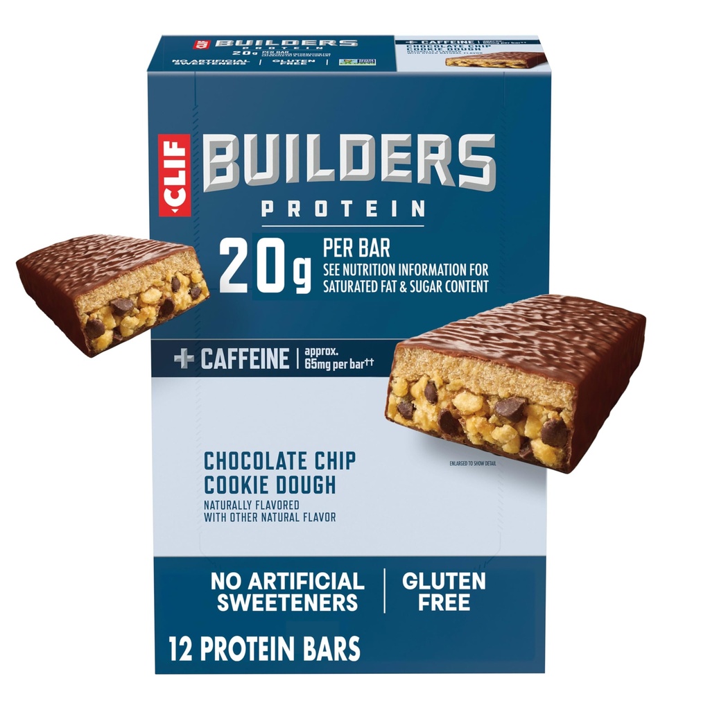 CLIF BUILDERS + Caffeine Protein Bars - Chocolate Chip Cookie Dough Flavor - 20g Πρωτεΐνη με βάση το φυτό - Χωρίς γλουτένη - Μη ΓΤΟ - Χαμηλή Γλυκαιμική - Δεν Τεχνητά γλυκαντικά - 2.4 oz. (12 Pack)