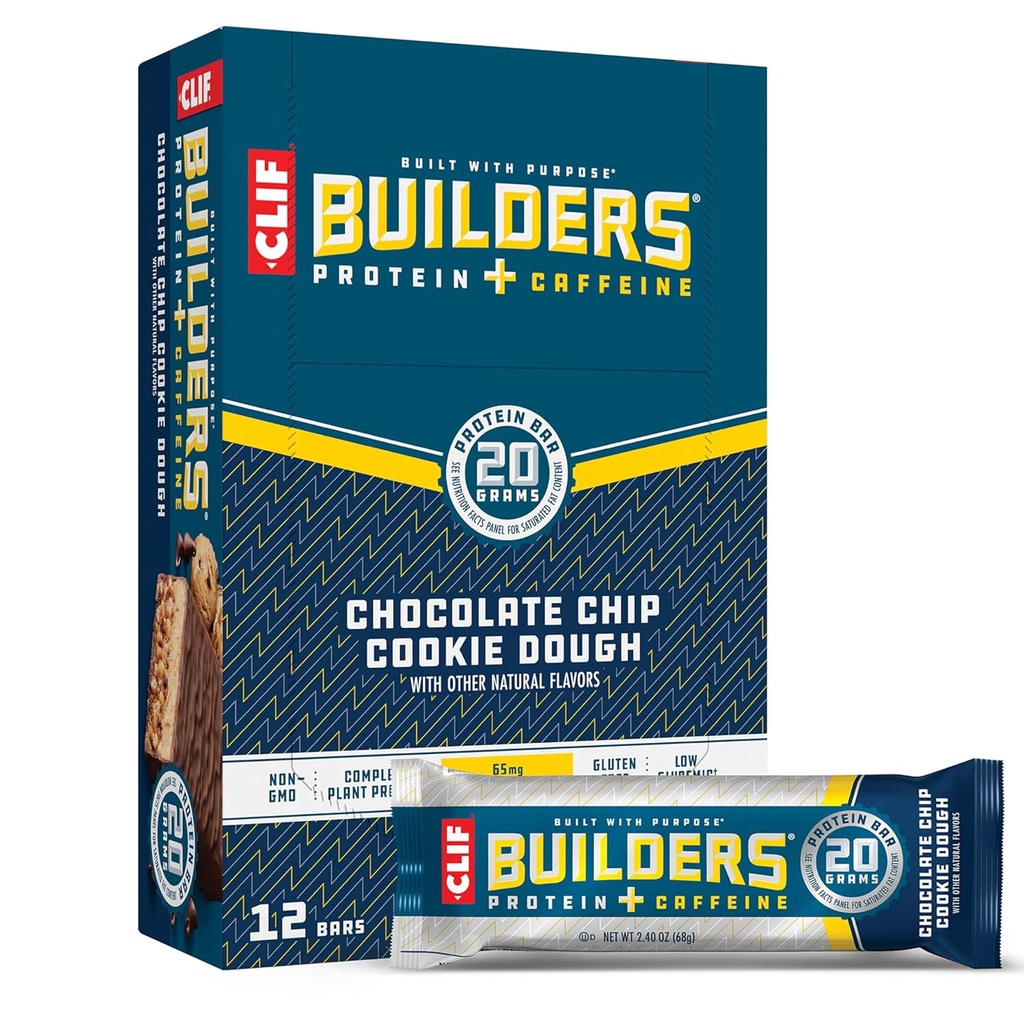 KBÜTÜNLER + Caffeine protein Bars - Chocolate Chip Cookie Dough Flavor - 20g Plant bazlı Protein - Gluten Free - Non-GMO - Low Glycemic - No Yapay Sweeteners - 2.4 oz. (12 Pack)