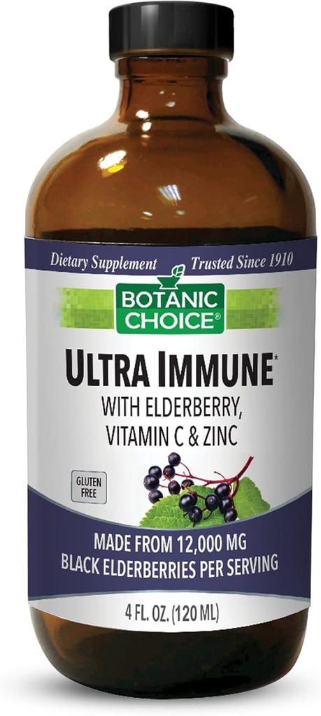 Botanic Choice - Ultra Immune, Contains Elderberry ile çinko ve C vitamini, Black Elderberry Syrup for Yetişkinler ve Çocuklar için, Immune Desteği için Sıvı Vitaminler, 4 Oz