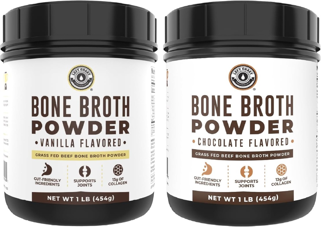 Left Coast Performance Vanilla Broth Protein Powder, 16oz + Chocolate Broth Protein Powder 16oz