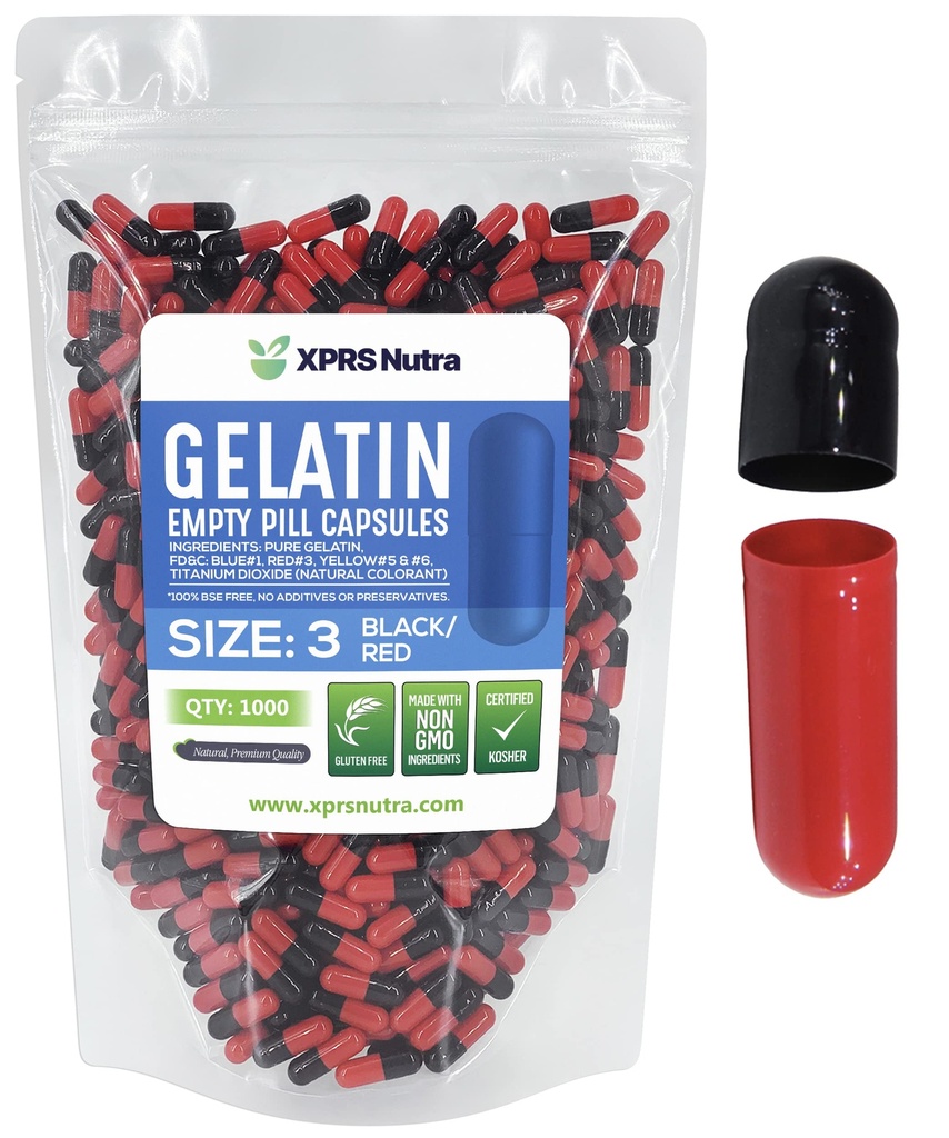 XPRS Nutra Μέγεθος 3 Κενές κάψουλες - 1000 Count Empty Gelatin Κάψουλες - Χάπια DIY Καψάκιο Γέμισμα - Γέμισμα Pure Bovine Pill Caps Gel για Do-It-Yourself Συμπληρώματα και Βιταμίνες (Black/Red)