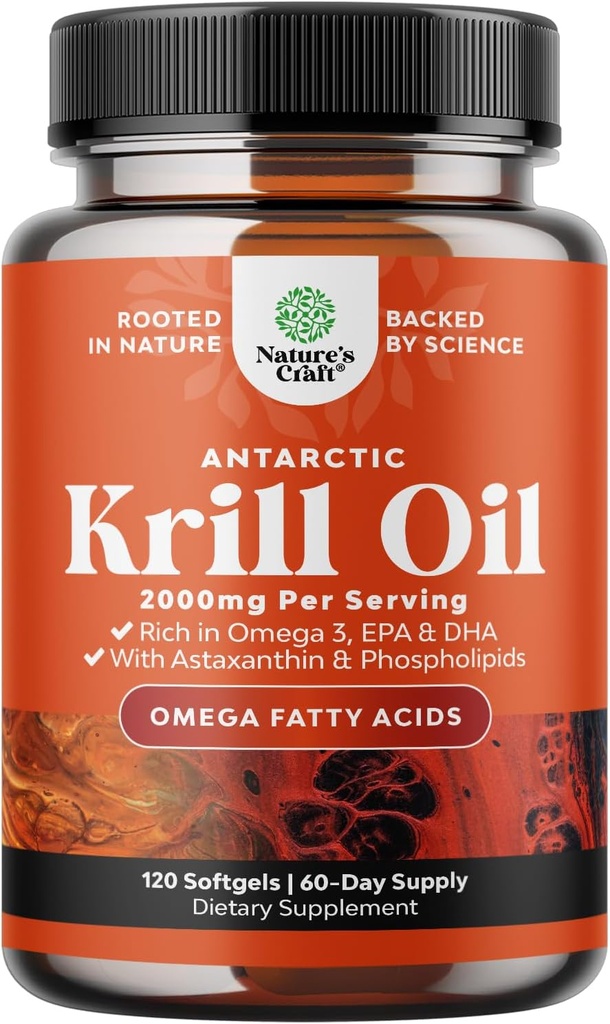 Antarktika Krill Oil 2000 mg Softgels Per - Omega 3 Krill Oil Supplement with EPA DHA & Astaxanthin - 3rd Parti Lab Test Edilmiş Hayır Gluten GMOs veya Fishy Aftertaste - 2 Ay