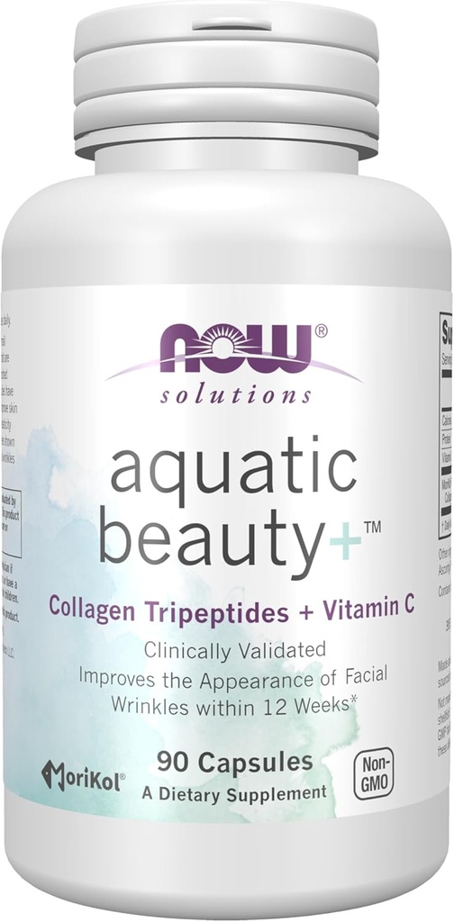 NOW Foods Solutions Aquatic Beauty+ Κάψουλες - Θαλάσσιο κολλαγόνο και βιταμίνη C συμπλήρωμα για το νεανικό δέρμα *, μη ΓΤΟ, 60 κάψουλες