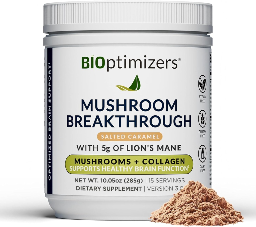 BIOptimizers Mushroom Coffee Alternative – Salted Caramel Drink – Lion's Mane, Chaga, Reishi + Collagen Peptides for Focus, Energy & Gut Health – Adaptojenik Mushrooms & MCT Toz – 15 Hizmet