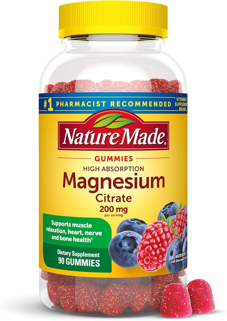 Nature Made High Abxia Magnezyum Citrate 200 mg per serve, Magnezyum Supplement for Muscle, Nerve, Bone and Heart Support, 90 Magnezyum Gummies, 45 Day Supply Supply