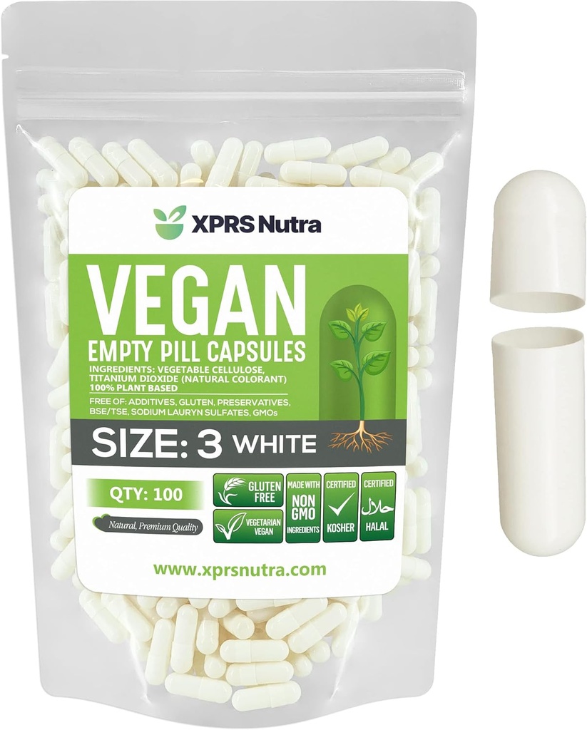 XPRS Nutra μέγεθος 3 άδεια κάψουλες - 100 κόμης άδειο Vegan - χορτοφαγικά χάπια - DIY κάψουλες που γεμίζουν - Veggie χάπια (λευκά)