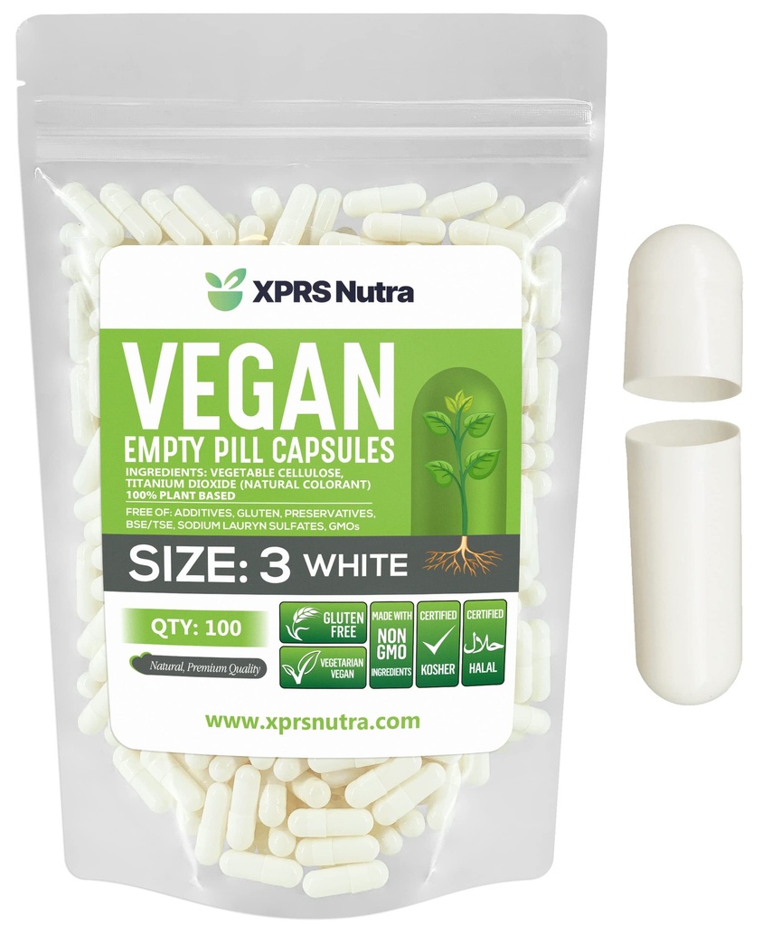 XPRS Nutra Boyutu 3 Boş Kapsüller - 100 Kont Boş Vegan - Vejetaryen Pills - DIY Sebze Kapsülleri - Veggie Pill Caps (Beyaz)