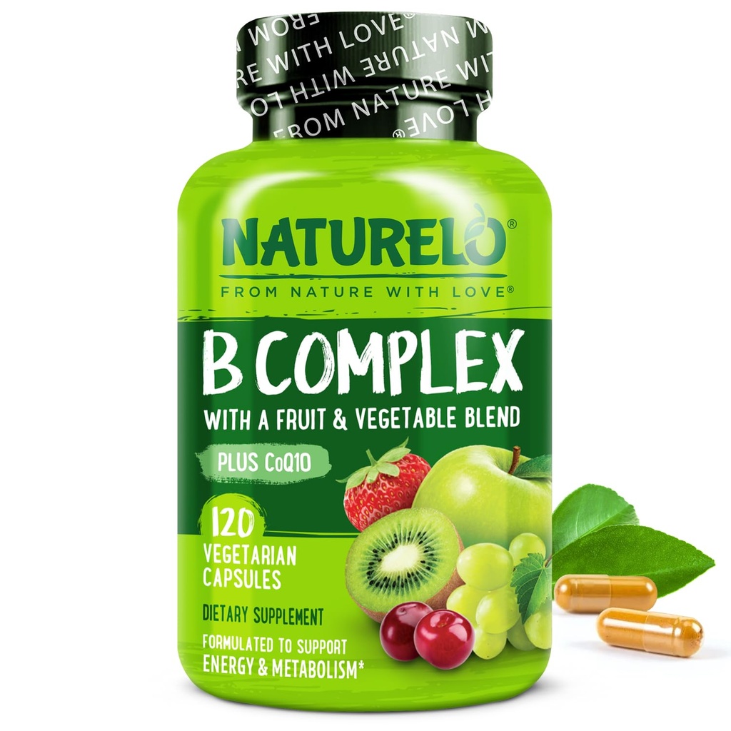 NATLO Vitamin B Kompleksi ile Mesel B12, Metil Folate, Vitamin B6, Biotin Plus Choline, CoQ10 ve Meyve & Sebze Yemekleri - Enerji ve Sağlıklı Stres Cevap - Vegan - 120 Capsules