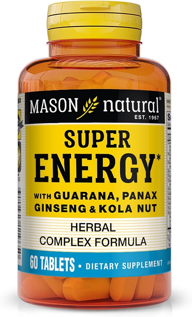 MASON NATURAL Super Energy, Guarana, Panax Ginseng & Kola Nut ile Optimal Performans & Enerji, 30 Gün Supply