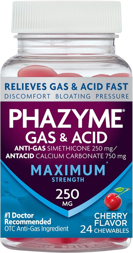 Phazyme Maximum Strength Gas & Acid, Works Fast, Cherry Flavor, 24 Chews (Packating May Vary)