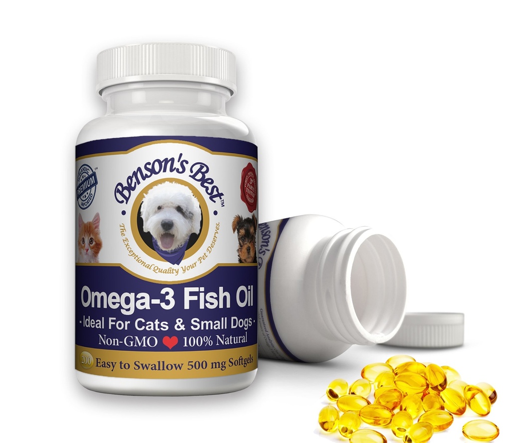 Benson'un Cats & Small Dogs için en iyi Omega 3 Balık yağı - 200 Softgels 500 mg - % 43 daha fazla Omega 3 Fatty Asits Than Salmon Oil - 100% Pure, Non-GMO, Natural Pet Food Dog Fish Oil Supplements