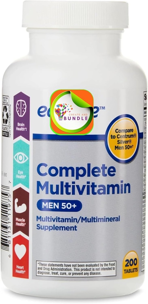 Tamam Multivitamin/Multimineral Supplement Tabletler, Erkekler 50+, 200 Count + Createandbundle Style