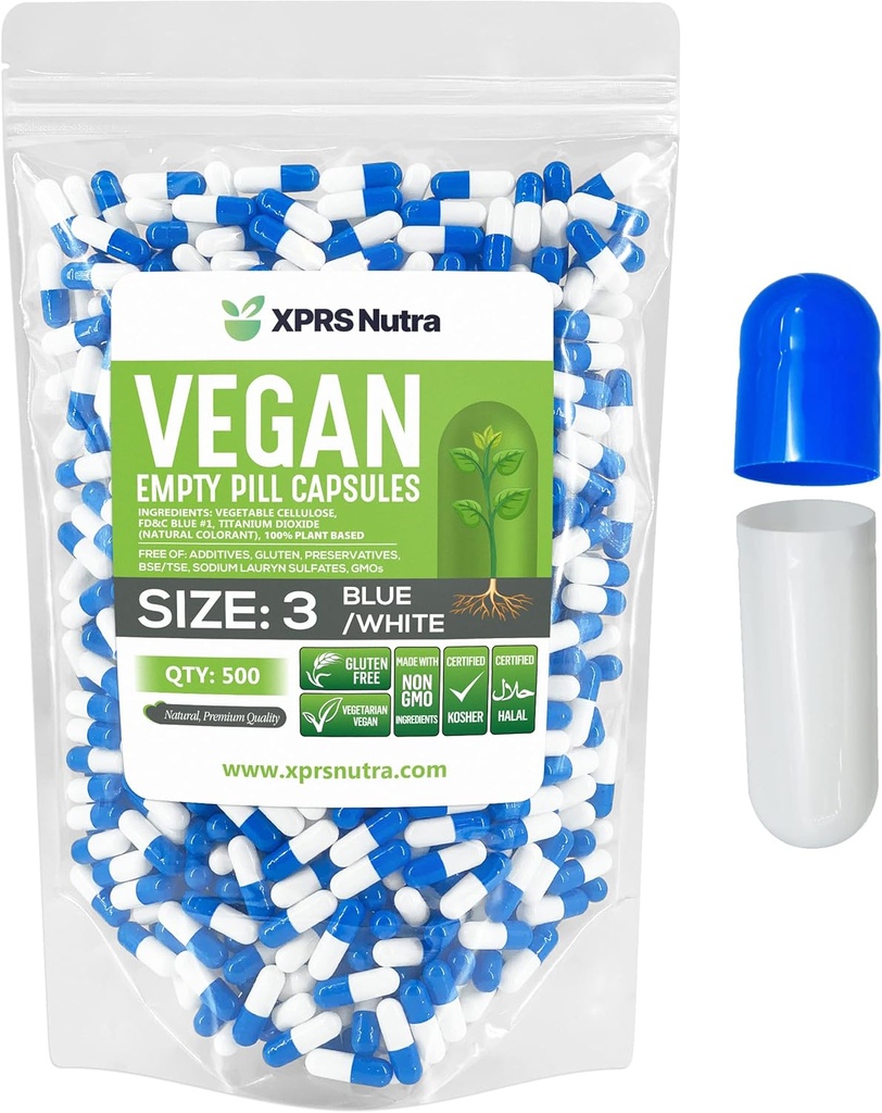 XPRS Nutra Boyutu 3 Boş Kapsüller - 500 Kont Boş Vegan Capsules - Vejetaryen Pills - DIY Sebze Kapsülü - Veggie Pill Caps (Mavi/Beyaz)