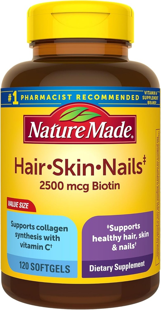 Nature Made Hair Skin and Nails with Biotin 2500 mcg, Dietary Supplement For Health Hair Skin and Nails Support, 120 Softgels, 120 Day Supply Supply