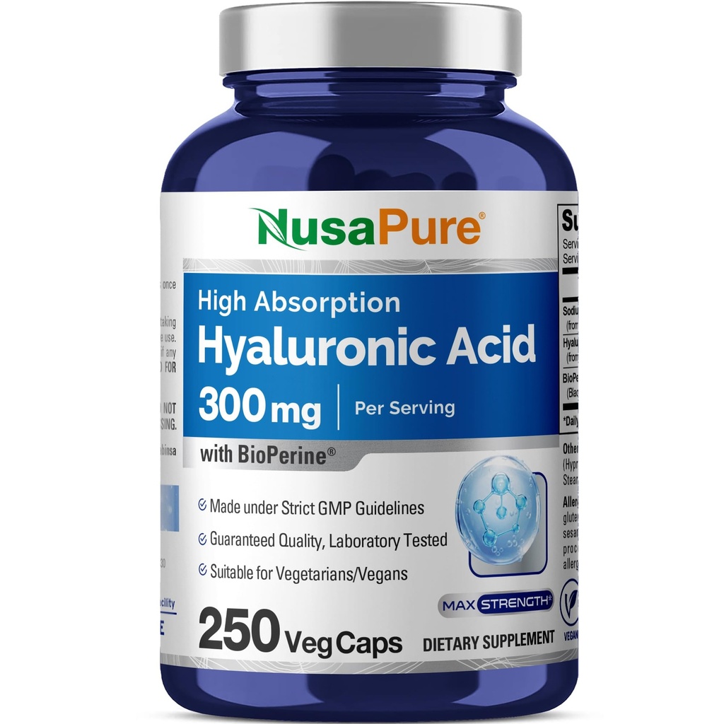 NusaPure Hyaluronic Acid 300 mg 250 Veggie Capsules (Non-GMO, Vegan)