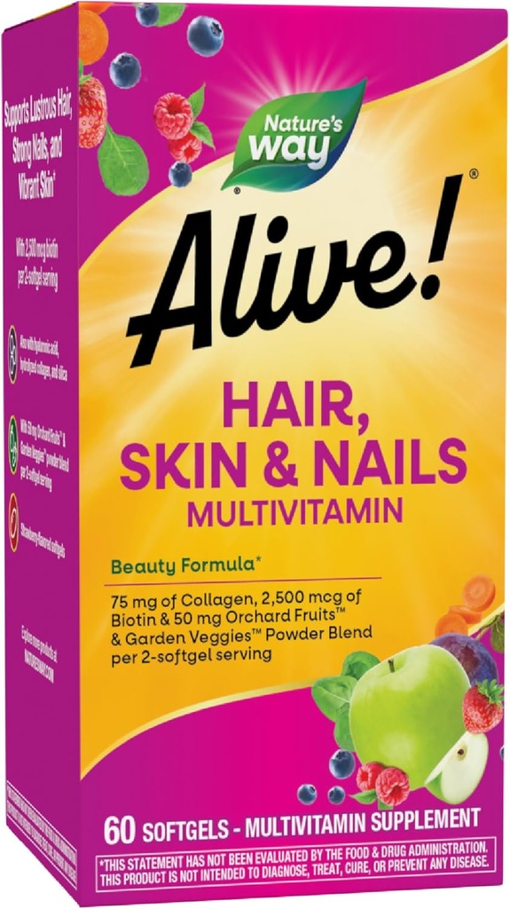 Doğanın Yolu Alive! Saç, Skin & Nails Biotin ve Collagen ile Çokvitamin, 60 Softgels