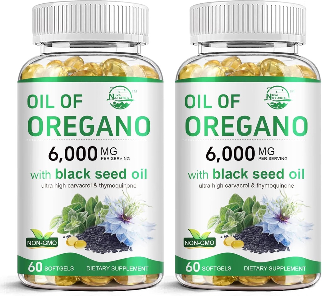 Nature's live Oil of Oregano with Black Seed Oil, 2 in 1 Oregano Supplement for Immune Health, Retains High Tempd Carvacrol & Thymoquinone, Non-GMO, 60 Softgels, 2 Pack