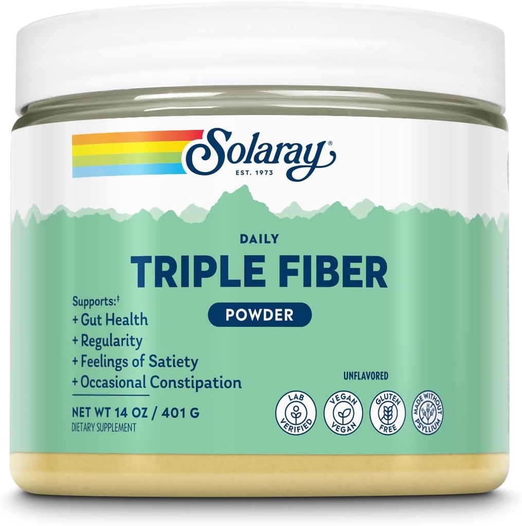 SOLARAY Triple Fiber Powder - Daily Fiber Supplement for Women and Men W/Prebiotics - Υγεία κόκκων, περιστασιακή δυσκοιλιότητα, Digestive Health Support, Unflavored, Vegan, Gluten Free, 30 Services, 14oz