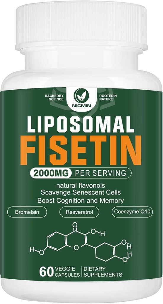Liposomal Fisetin Supplement, 2000MG, 98% Pure Fisetin Polyphenols Αντιοξειδωτικά, με Quercetin, TMG και ρεσβερατρόλη, για υγιή γήρανση, Γνωστική υποστήριξη, 60 κάψουλες