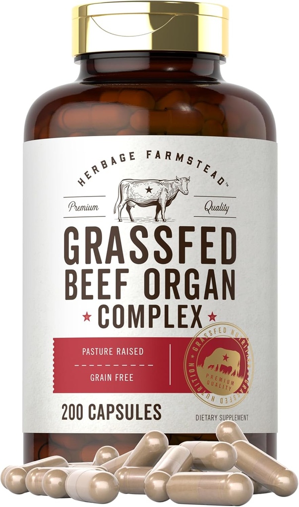 Carlyle Grass Fed Beef Organ Kompleksi | 200 Capsules | Pasture Yükseltilmiş, Ücretsiz Supplement | Desiccated Liver, Kidney, Pancreas, Heart, Spleen | Non-GMO, Gluten Free | Herbage Farm