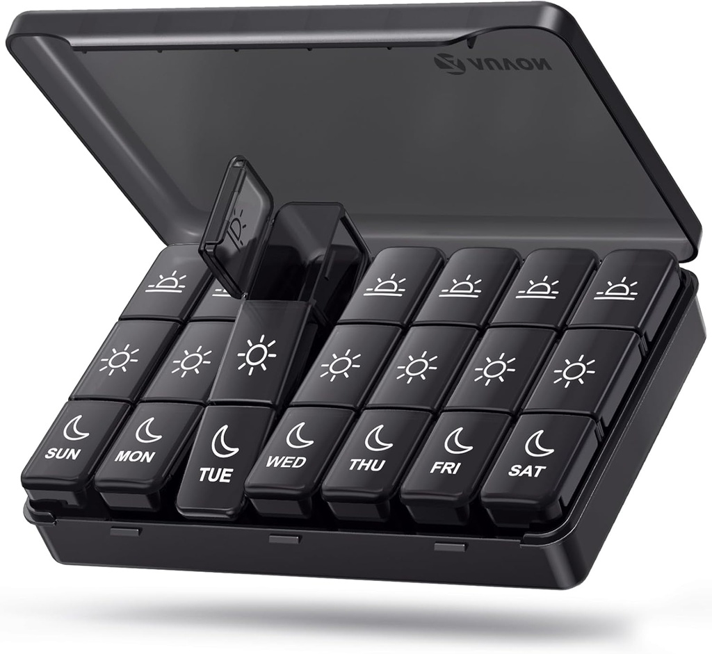 AUVON Haftalık Pill Organizer 3 Zaman Bir Gün, Büyük Pill Box 7 Gün Seyahat için Çift Koruma, Siyah Pill Privacy Protection, Light-proof Pill Container for Drugs, Fish Oils,