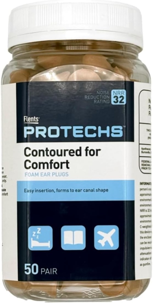 Flents Protechs Disposable Αφρώδη Αυτιά, Contoured for Comfort, Ιδανικό για Εργασία, Δυνατό Θόρυβο, Βαριά Μηχανήματα, Κατασκευή, Μελέτη, Σκοποβολή & Ταξίδια, NRR 32, Μπεζ, Εύκολο στη Χρήση, 50 Ζεύγος