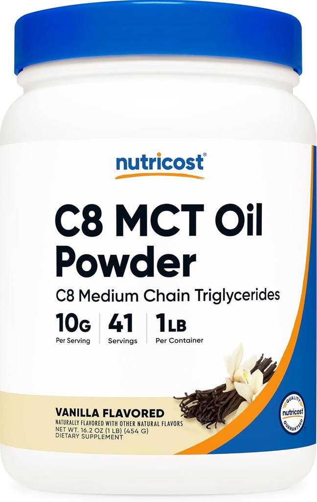 Nutricost C8 MCT Oil Powder 1LB (16oz) Vanilla Flavor - 95% C8 MCT Oil Powder, Best for Keto Diets, Non-GMO, Χωρίς γλουτένη