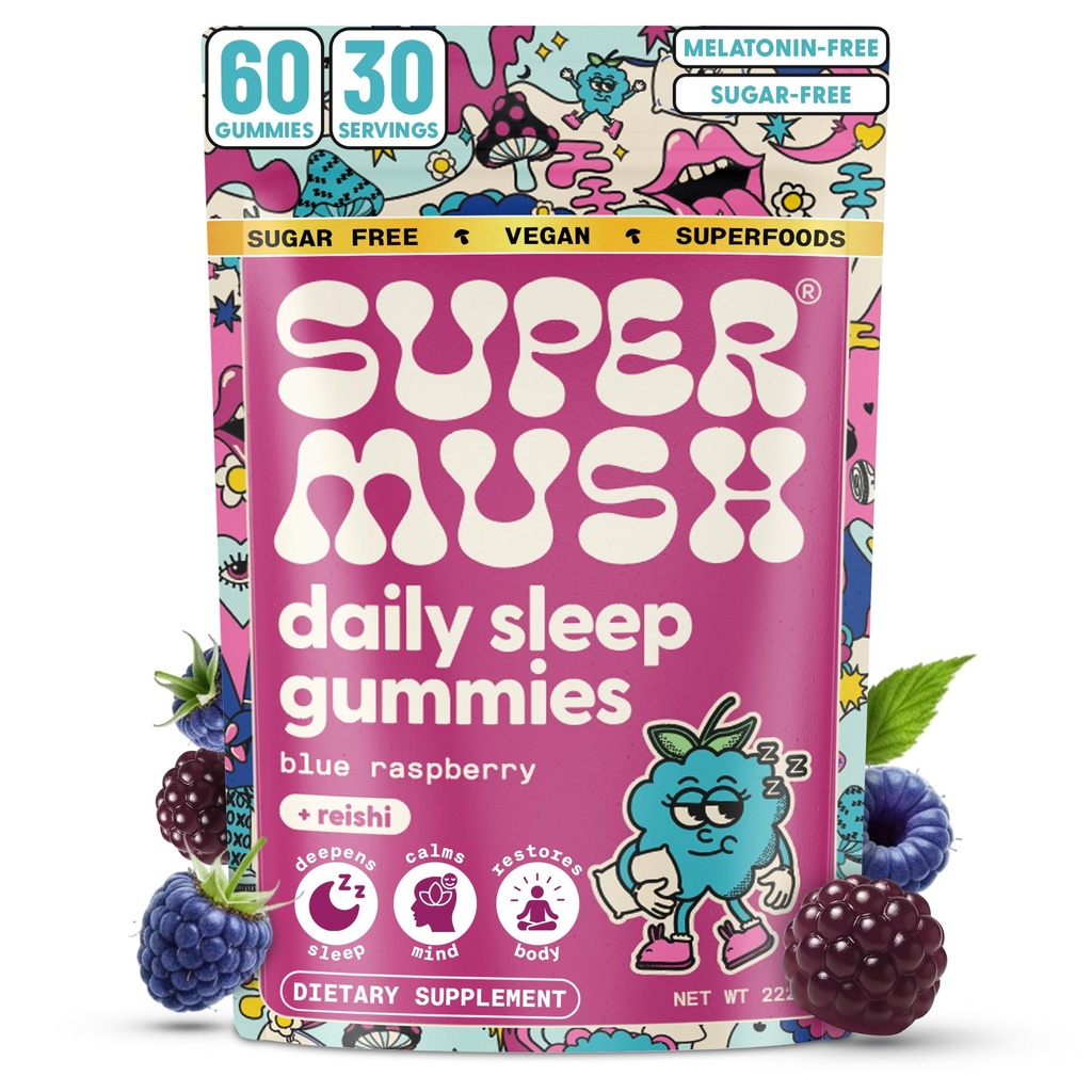 SuperMush Sleep Gummies for Yetişkinler - Mushroom Supplement with Magnezyum Citrate, L-Theanine, Chaga, Reishi & Chamomile for Deep Sleep, REM & Detox - Vegan & Sugar-Free - 60 Gummies (30 hizmet)