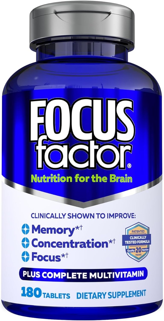 Focus Factor Brain Supplement Multivitamin Memory ve Clarity Boost Concentration Neuro Energy Learning Reasoning for Men and Women 180 Tablets