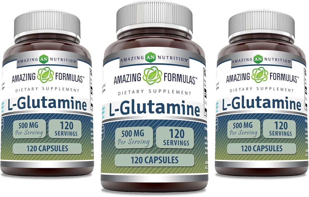 Amazing Formulas L-Glutamine 500 mg Capsules | Amino Asit Supplement | Non-GMO | Gluten Free | Made in USA (3 Pack, 120 Count)