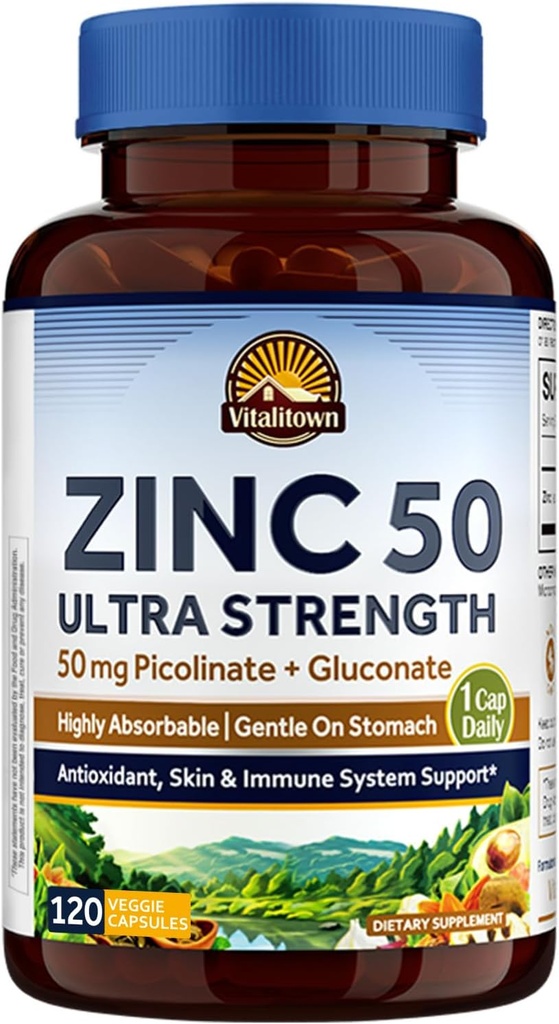 Vitalitown Chelated Zinc 50 mg, Ψευδάργυρος Picolinate & Gluconate, 120 κάψουλες Veggie, Well-Absorbed, ανοσοποιητικό σύστημα, υγιές δέρμα & ανάπτυξη, Vegan, μη ΓΤΟ