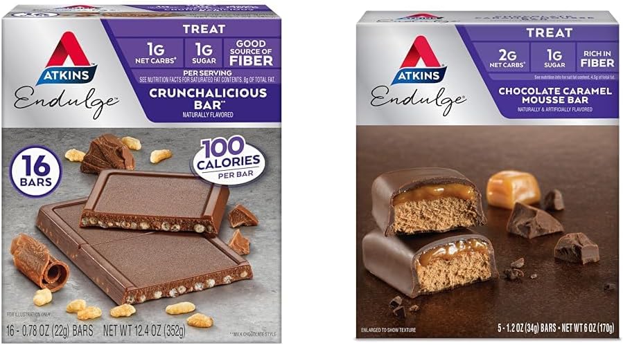 Atkins Endulge Crunchalicious Chocolate Bar, 16 Kont & Chocolate Caramel Mousse Bar, 5 Count