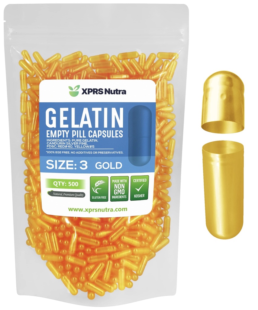 XPRS Nutra Boyutu 3 Boş Kapsüller - 500 Kont Boş Gelatin Capsules - Pills DIY Capsule - Pure Bovine Pill Gel Caps Do-It- Yourself Vitamins and Supplements (Gold)