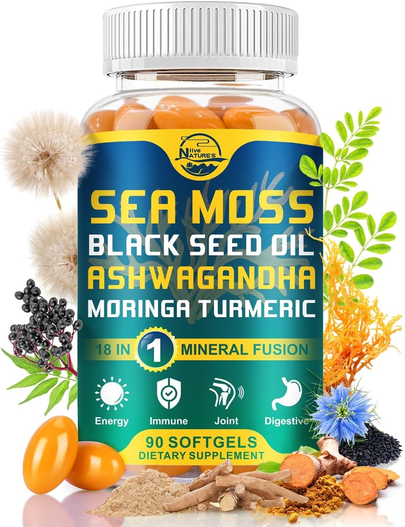 Nature's live Organic Sea Moss Softgels, Black Seed Oil, Ashwagandha, Bladderwrack, Ginger, Burdock Root, Manuka Honey, Cinnamon for Immune System, Skin, Energy, 90 Softgels, 1 Pack