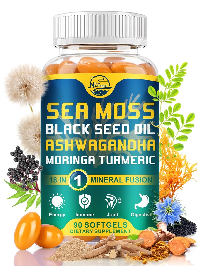 Nature's live Organic Sea Moss Softgels, Black Seed Oil, Ashwagandha, Bladderwrack, Ginger, Burdock Root, Manuka Honey, Cinnamon for Immune System, Skin, Energy, 90 Softgels, 1 Pack