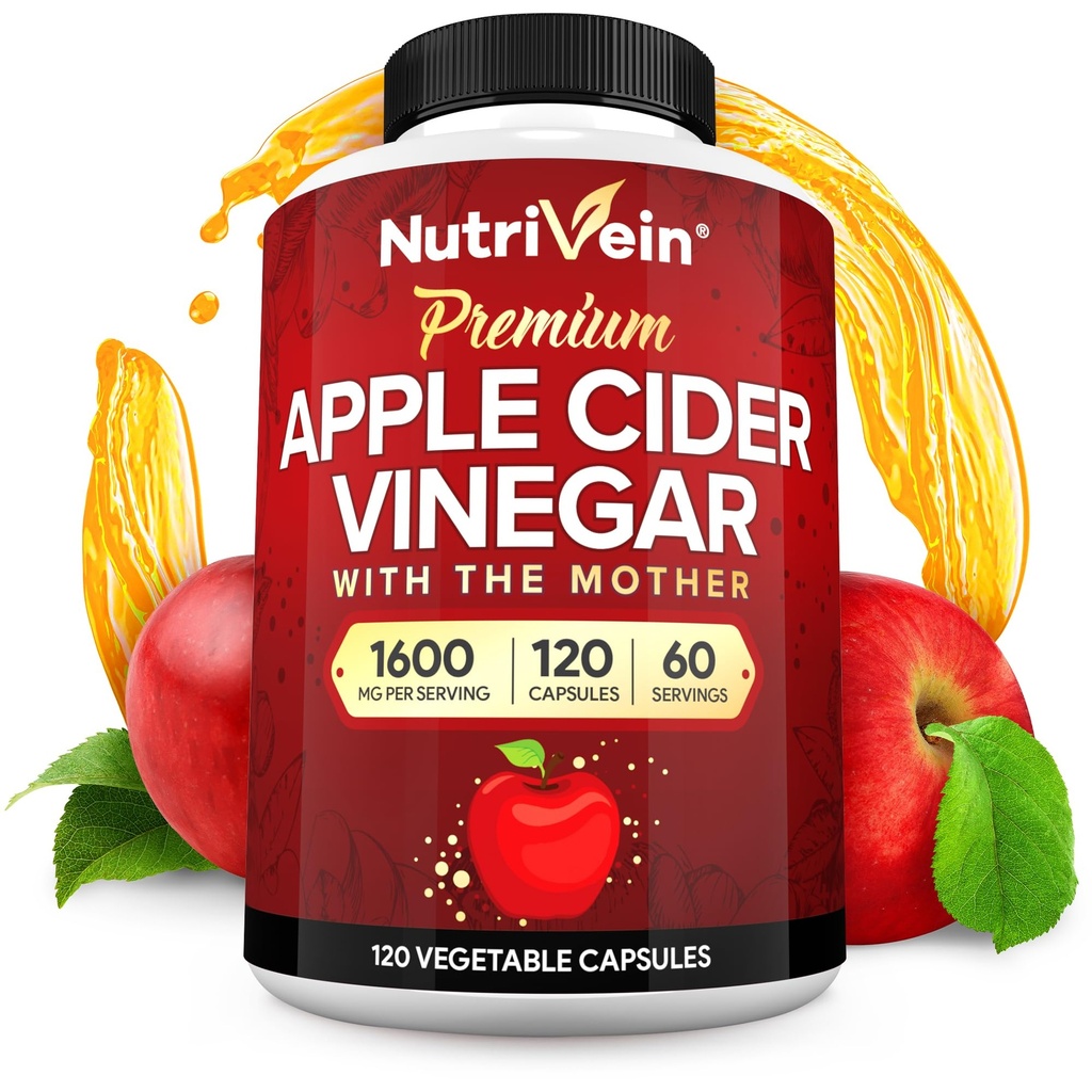 Nutrivein Premium Συμπληρώματα μηλίτη μηλίτη με τη μητέρα - 1600 mg - 120 κάψουλες μηλίτη μήλου: ACV χάπια για την πέψη, Keto, καθαρισμό, και ισορροπημένη διατροφή