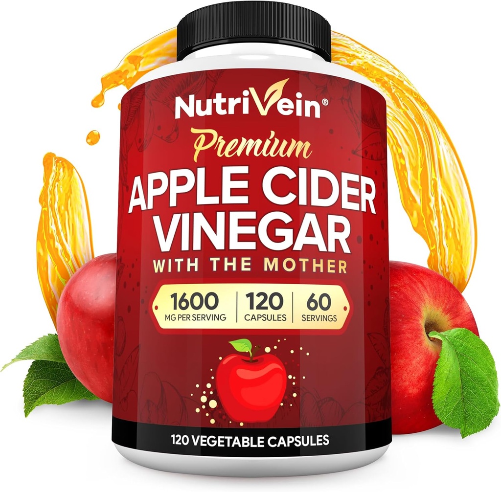 Nutrivein Premium Apple Cider Vinegar Supplements with Mother - 1600 mg - 120 Apple Cider Vinegar Capsules: ACV Pills for Digestion, Keto, Cleansing ve Balanced Beslenme