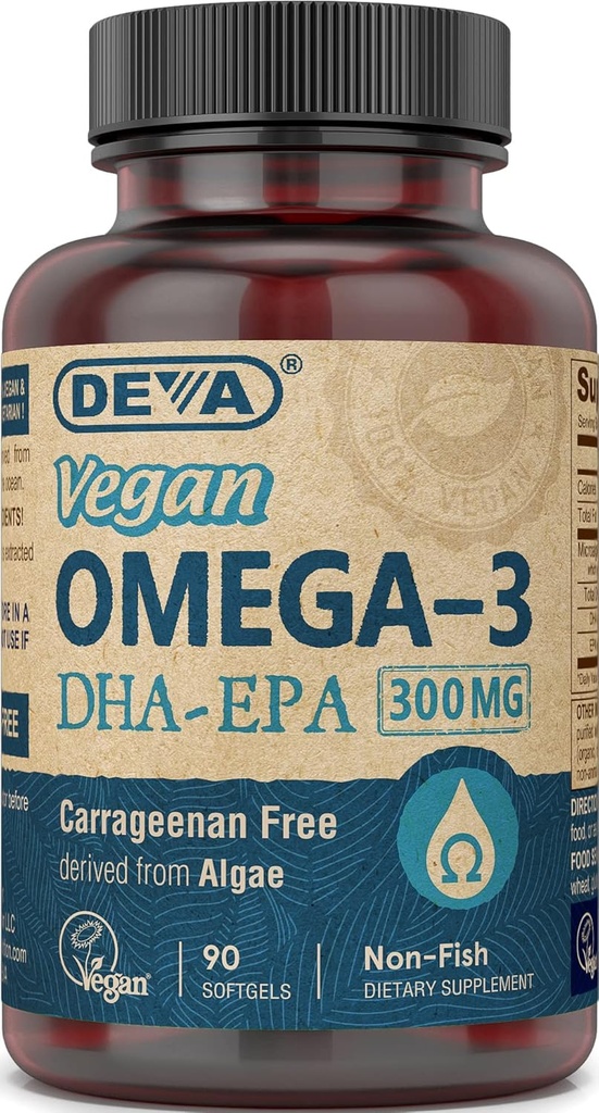 DEVA Vegan Omega-3 DHA EPA συμπλήρωμα μία φορά την ημέρα Softgel 300 MG - Carrageenan Gelatin & Gluten Free - μη-ψυγείο Έλαιο Φυκιών λιπαρά οξέα - 90 Softgels
