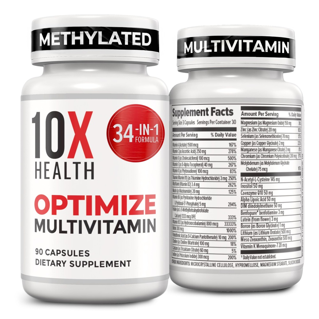 10X Sağlık Erkekler için Multivitamini optimize edin - 90 Capsules, Medeniyetli Multivitamin 34, 1 Formula 3, 5MTHF, NAC - Me Kompleks, MTHFR Supplement