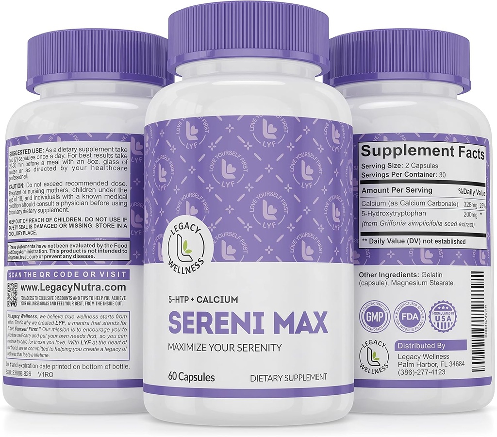 SERINI-MAX - 5-HTP Mood Support Supplement + Food - Supports Calm & Peaceful State of Mind - Boost Serotonin, 5HTP 200 mg for Stress Management & Sleep Support Supplements - 60 Capsules