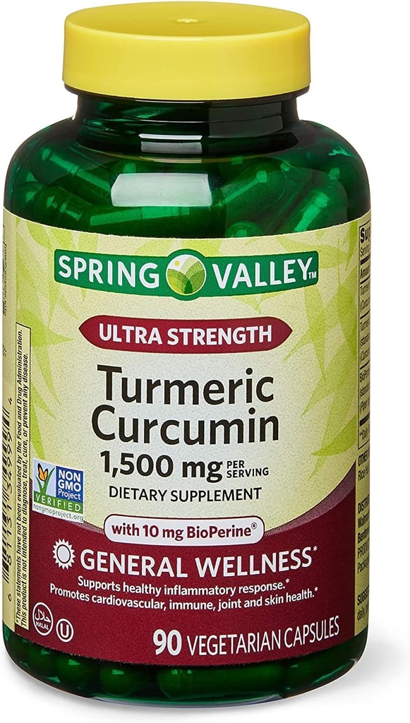 Spring Health 2 Set- Spring Valley Ultra-Strength Turmeric Curcumin 1.500 mg 90 Capsules + Your Vitamin Guide, 1.0 Count