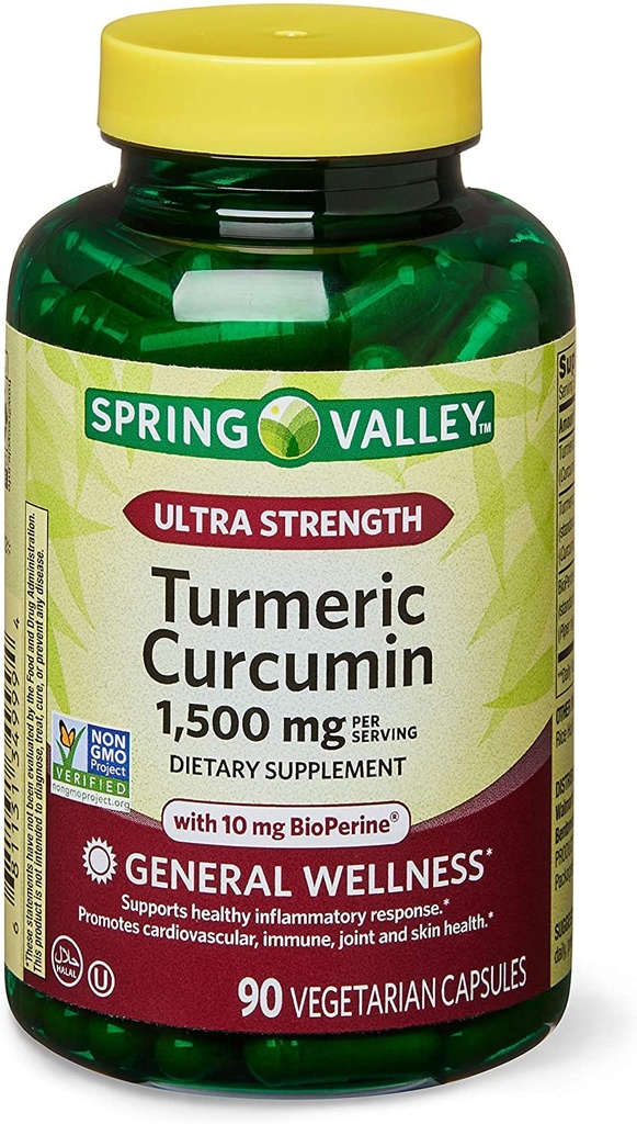 Spring Health 2 Set- Spring Valley Ultra-Strength Turmeric Curcumin 1.500 mg 90 Capsules + Your Vitamin Guide, 1.0 Count