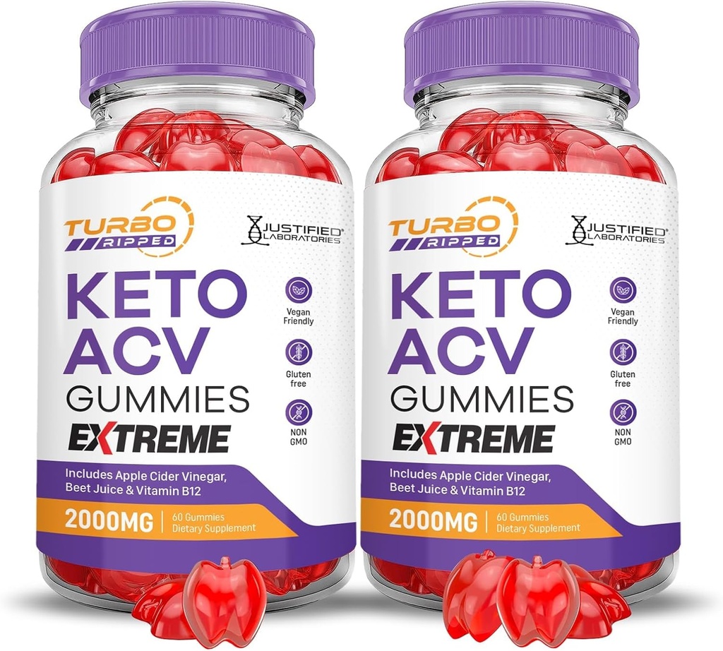 Justified Laboratories (2 Pack Turbo Ripped DW ACV Gummies Extreme 2000MG Turbo Ripped Keto Gummies Apple Cider Vinegar Formulated with Pomegranate Beet Juice B12 Vegan Non GMO 120 Gummys