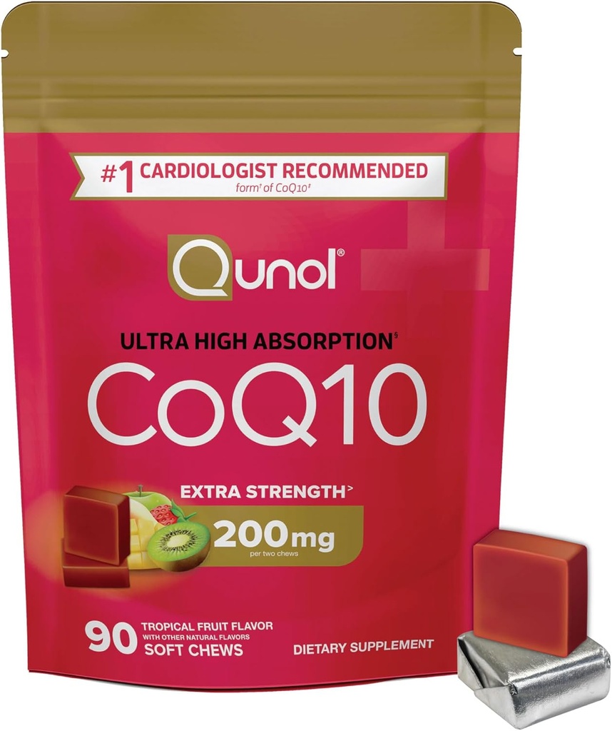 Qunol CoQ10 200 mg Soft Chews, Ekstra Güçlü ve Ultra Yüksek Abhidrasyon Coenzyme Q10 Supplement, #1 Cardiologist Kalp Sağlığı için Tamamlandı, 90 Kont