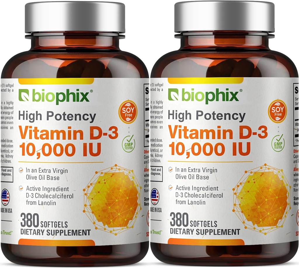 biophix Vitamin D-3 10000 IU 380 Softgels Vitamin 2 Pack - Υψηλής ισχύος σε Εξαιρετικό Παρθένο Ελαιόλαδο Μη-ΓΤΟ χωρίς σόγια Υποστηρίζει Ισχυρά Οστά Ανοσοποιητική Υγεία